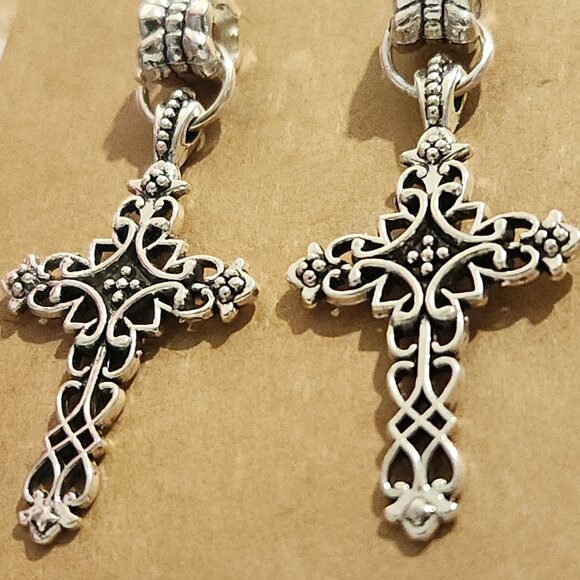 Ornate Baroque / Gothic Silver Tone Cross Earrings - Picture 3 of 7
